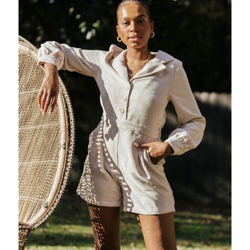 Vestique cream beige tan corduroy long sleeve romper